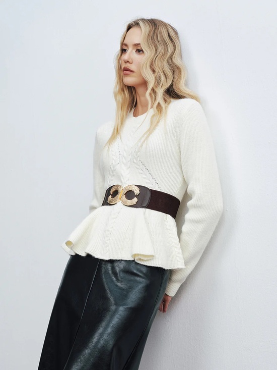 Commense Tops - Commense Peplum Cable-Knit Top with Wide Belt